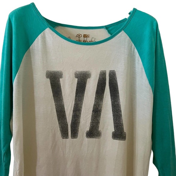 RVCA Women's Raglan 3/4 Sleeve Seafoam Green & Cream Logo T-Shirt - Size Medium - Picture 3 of 6